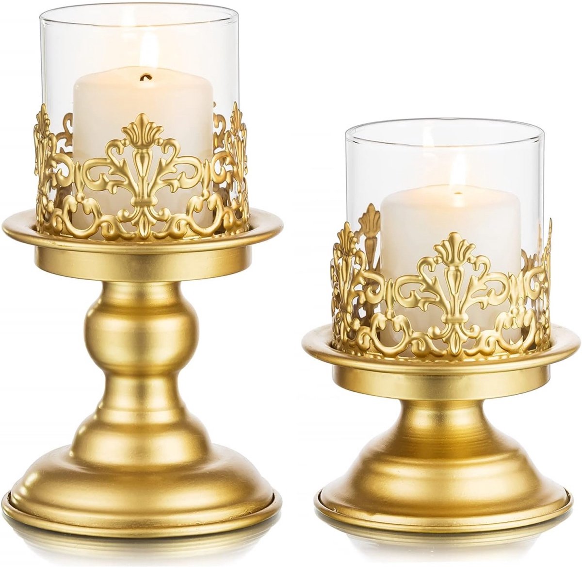 longziming -Windlichthouder van metaal – Kaarsenhouders – Vintage Metalen Windlichten voor Stompkaarsen – Matte Gouden Tafelkandelaars met Cilinder – Decoratie voor Woonkamer en Bruiloft - 2 stuks