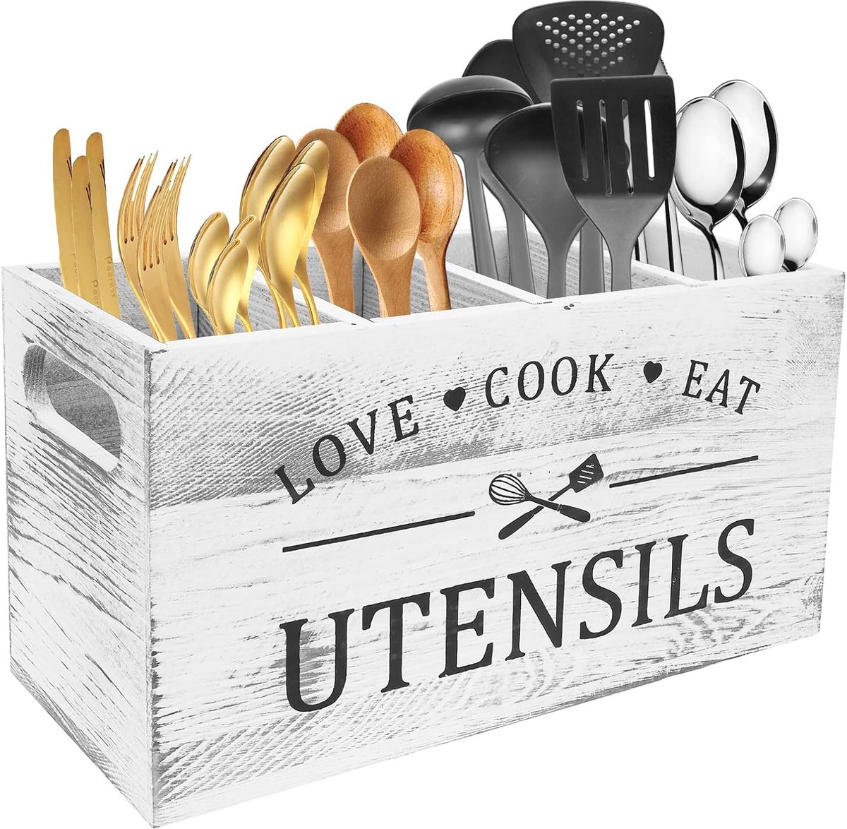 Grote Houten Keuken Organizer met 4 Compartimenten voor Kookgerei en Bestek