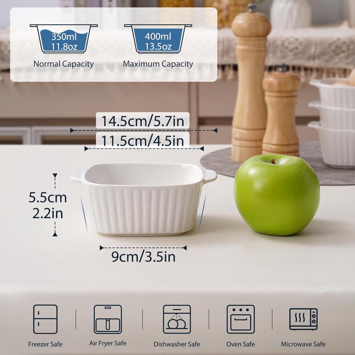 Set van 4 Keramische Ovenschaaltjes - Klein Vierkant - Geschikt voor heteluchtfriteuse en Oven — cadeau in Kookcadeaus - foto 5