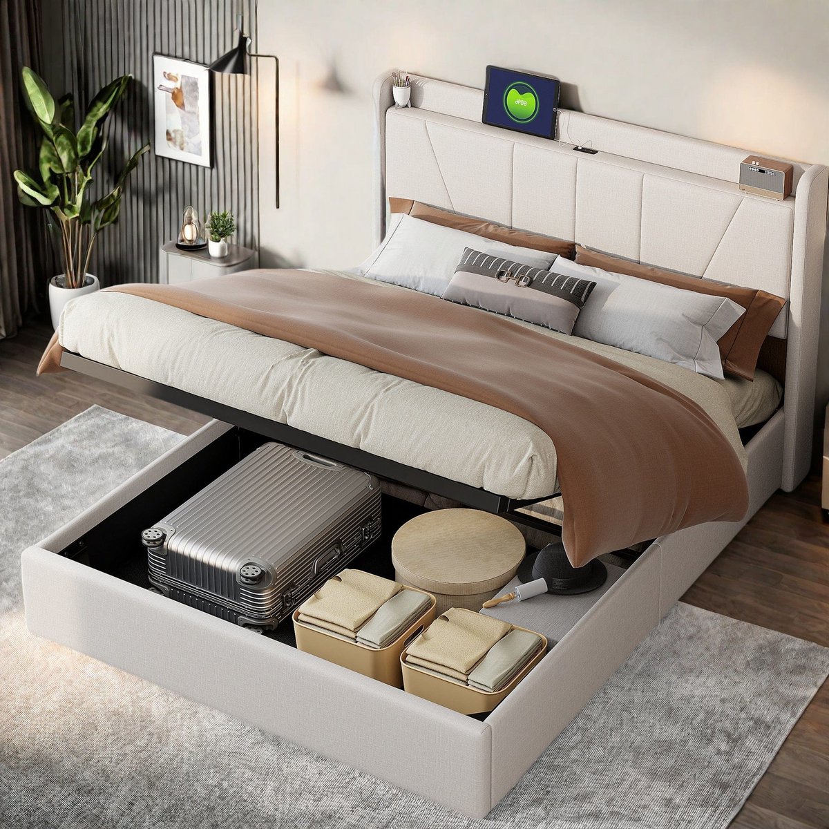 Bedframe – Tweepersoonsbed – Gestoffeerd Bed – Bedplaats – Slaapbank – 160x200 cm – Beige Linnen Bekleding – Hydraulische Opbergruimte