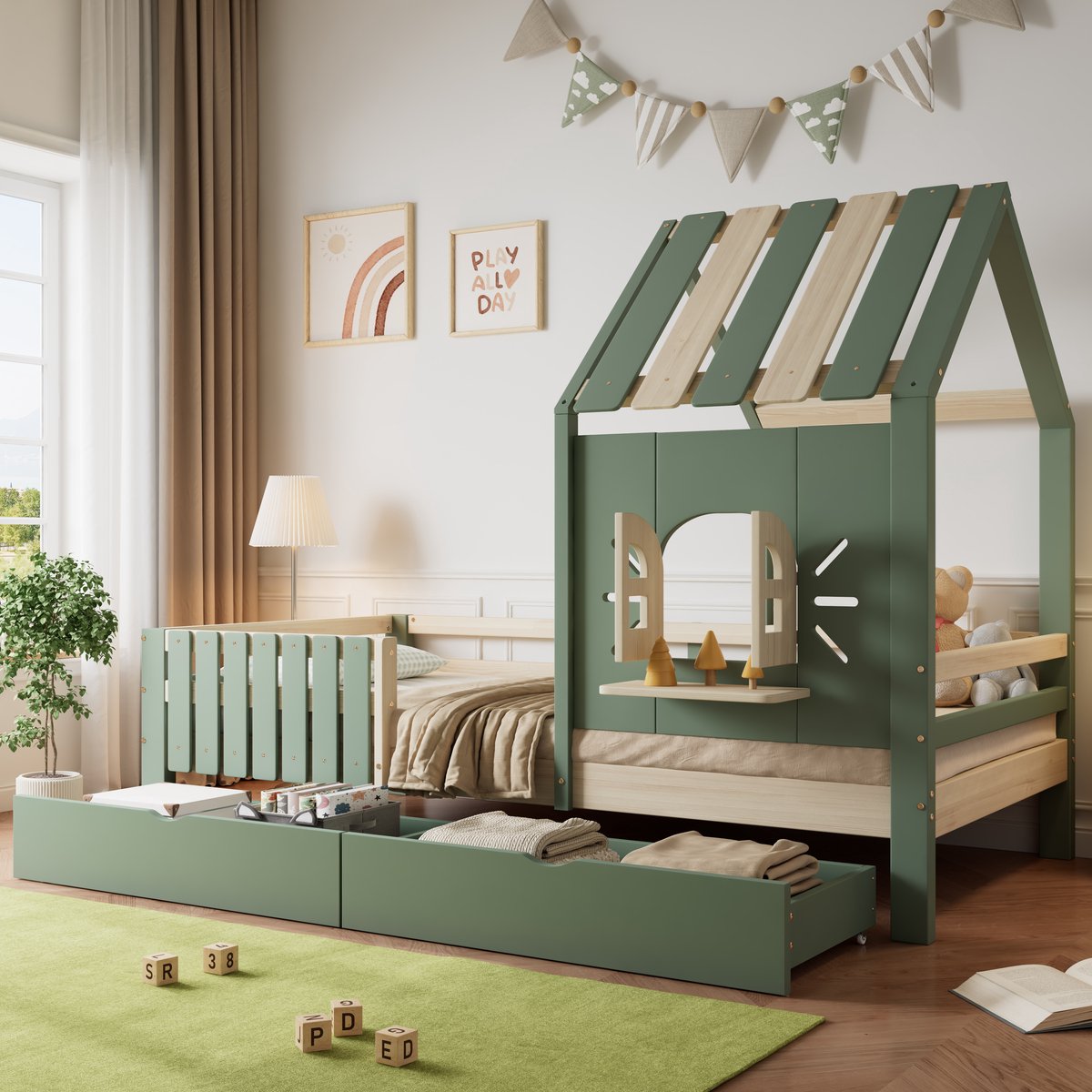 Wishdor – Kinderbed in Huisvorm 90x200 cm – Dak & Raam – 2 Laden – Groen‑Naturel