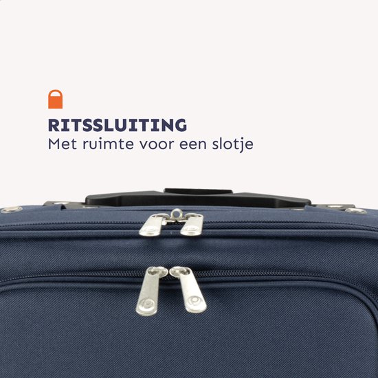 Sluiting van donkerblauwe koffer met twee ritshangers, ruimte voor een slotje.