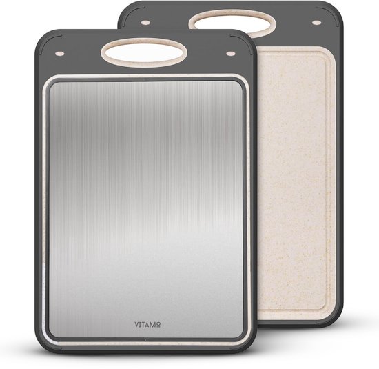 VITAMO PureCut Pro Dubbelzijdige Snijplank – 304 RVS – Microplasticvrije Snijzijde – BPA-vrije Tarwestro – Hygiënisch, Antislip – Met Sapgeul & Raspzone – 35 x 24 cm