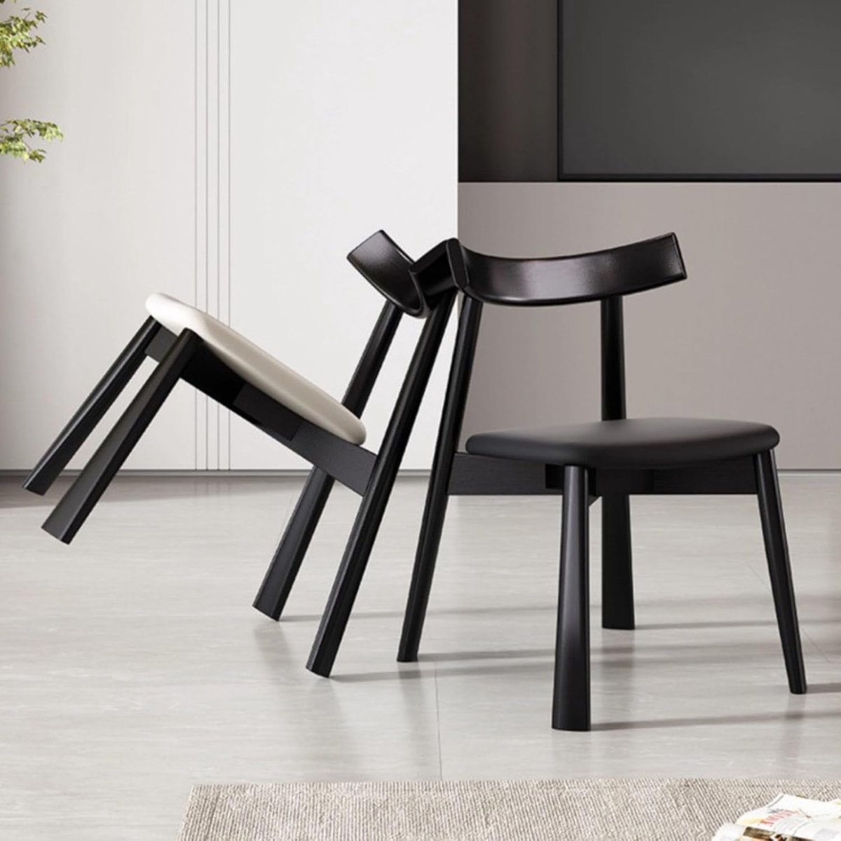 Eetkamerstoel Massief Hout Mid-Century Modern met Ergonomische Rugleuning en Luxe PU-Leren Zitkussen – Comfortabele Dining Stoel voor Keuken, Eetkamer, Woonkamer & Homeoffice – Walnoot – 55 x 50 x 85 cm – Abkantoor