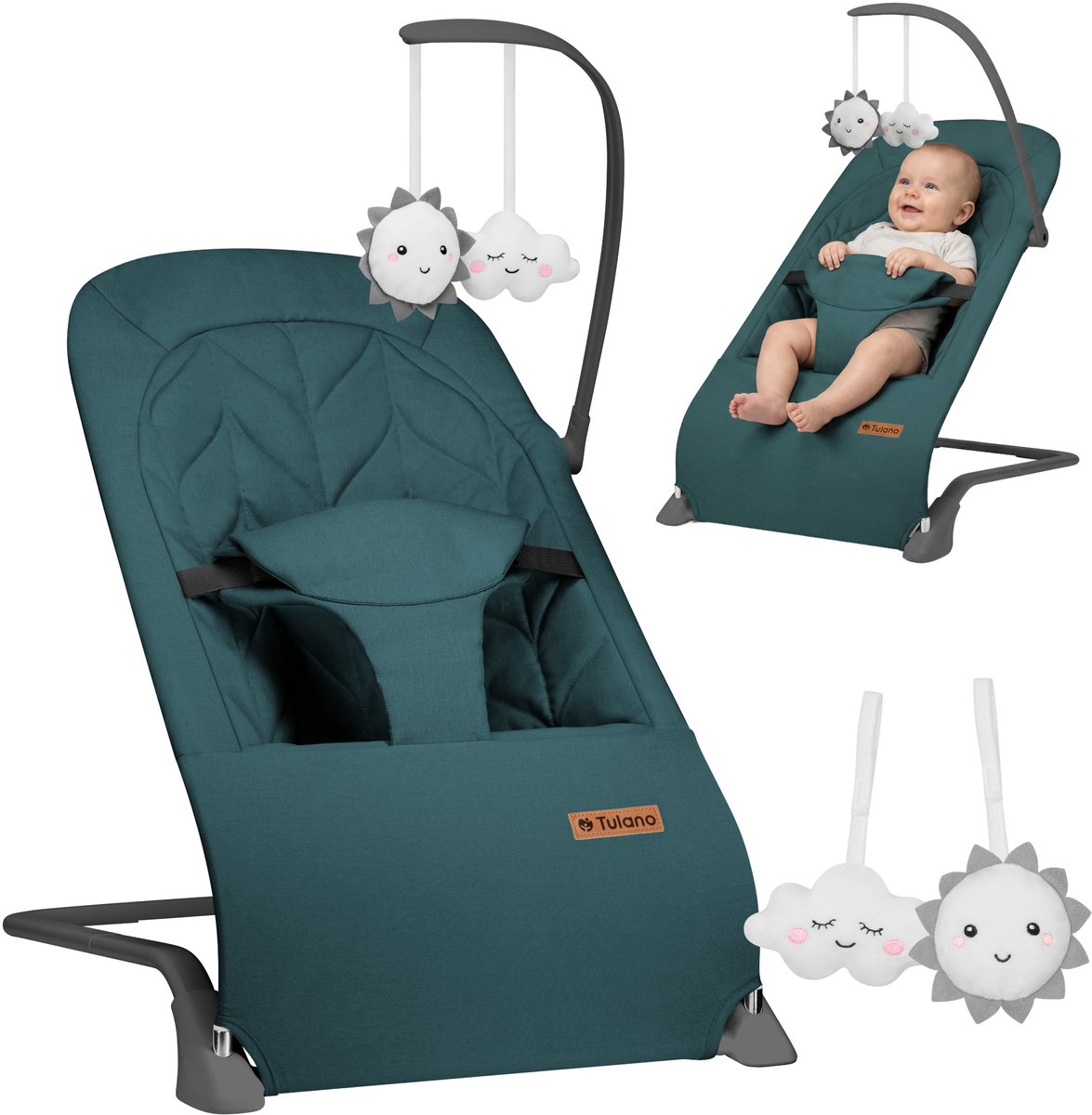 Tulano Moon 10 Baby Wipstoel - Verstelbare Baby Bouncer met Speelboog & 3-Punts Gordel - Tot 9 kg - groen