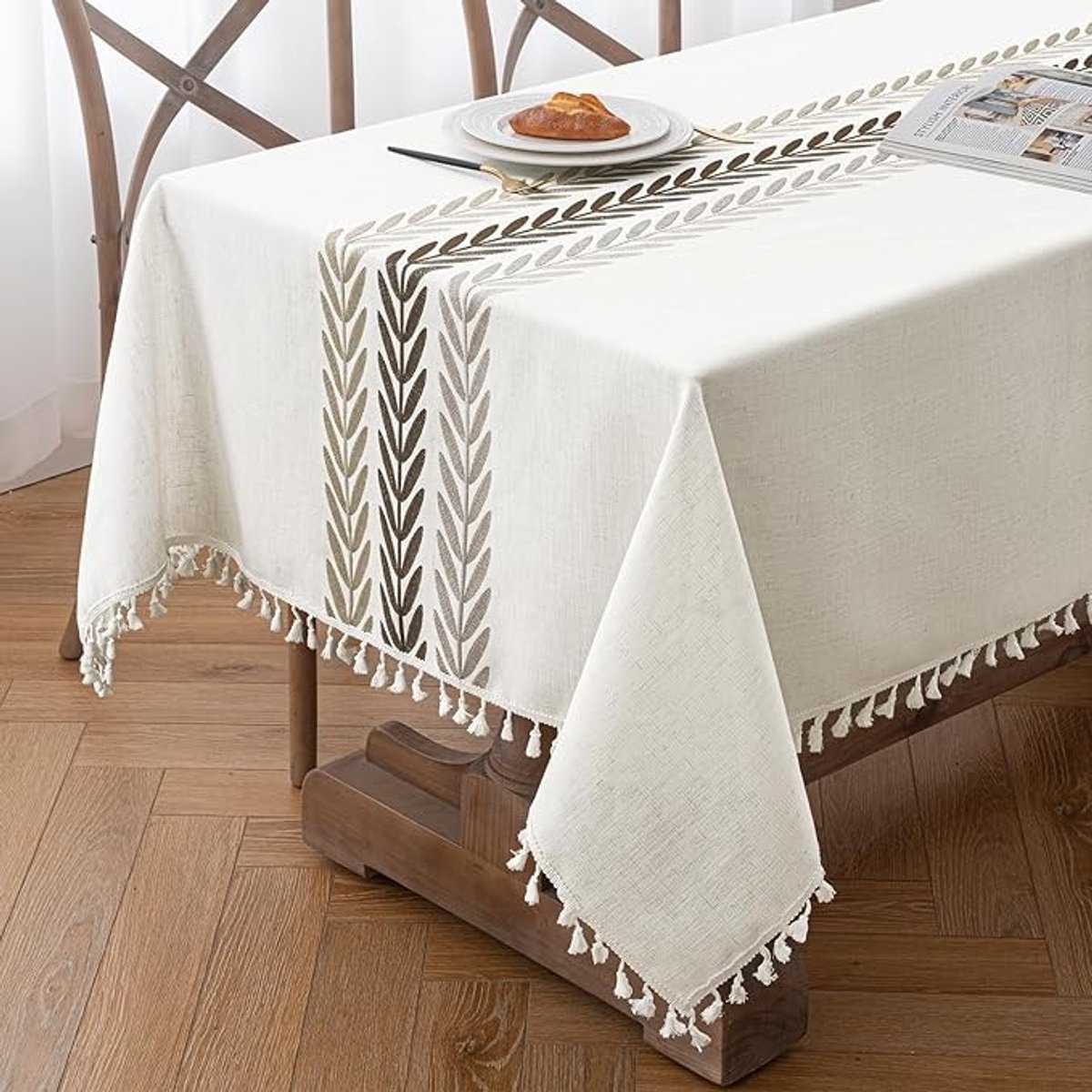 Tafelkleed Beige met Bladeren 100 x 140 cm Linnenlook Afwasbaar Boho Stijl