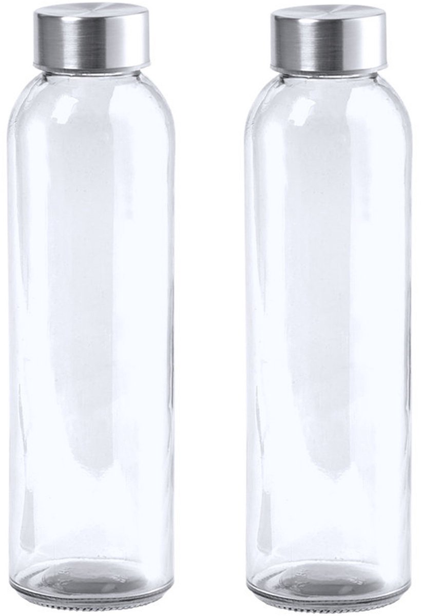 2x Stuks glazen waterfles/drinkfles transparant met Rvs dop 550 ml - Sportfles - Bidon