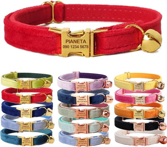 Gegraveerde Halsband voor Kat of Kitten - Zacht Fluweel met Naam en Bel
