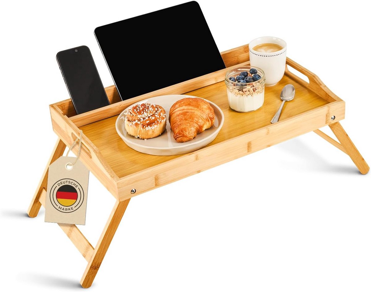 Bedtafel bamboe inklapbaar met houder voor tablet en telefoon