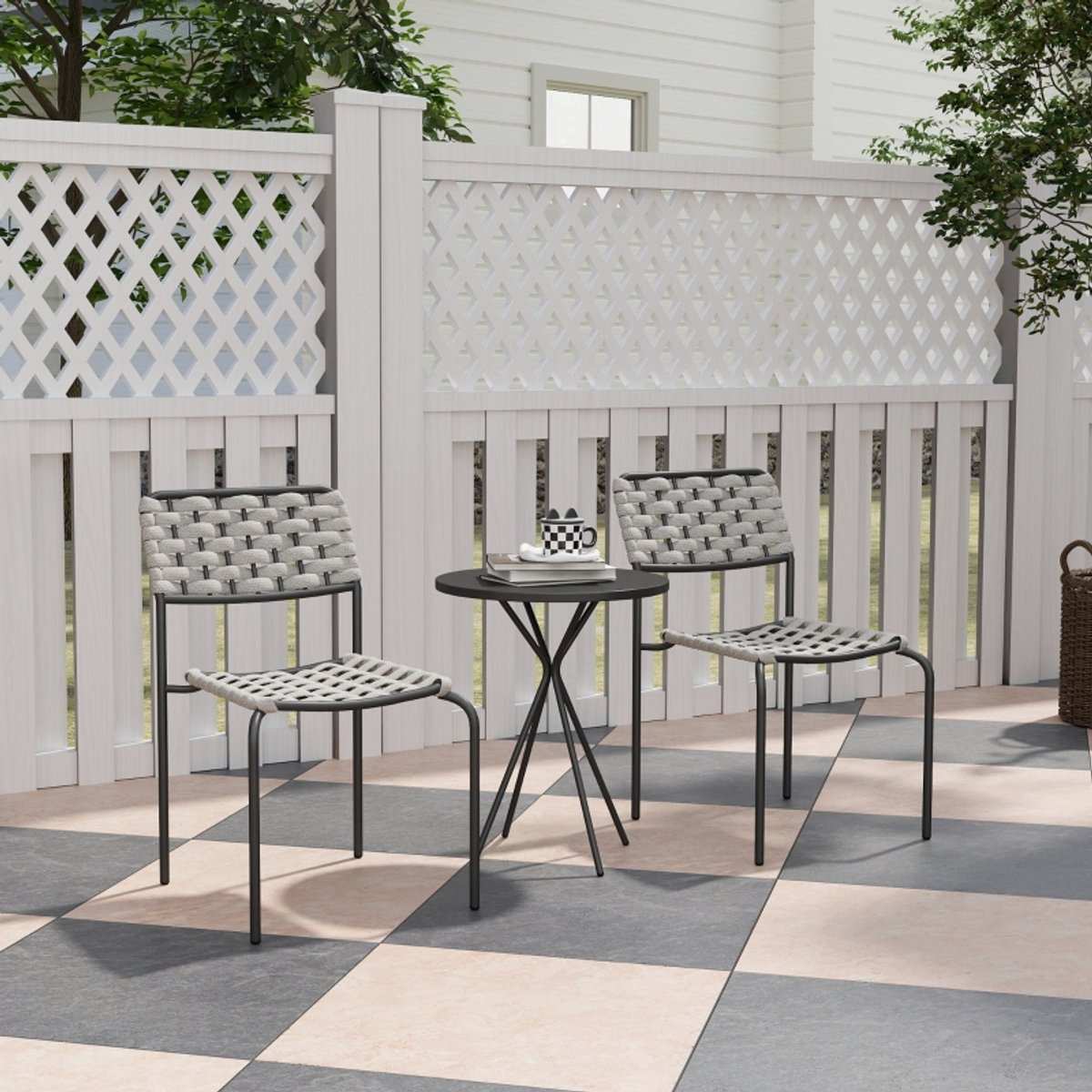 OKWISH Tuinmeubelset 3-Delig 46 X 60 X 80 Cm - Stapelbare Stoelen Met Ronde Tafel - Weerbestendig Voor Balkon Of Terras - Staal - Grijs