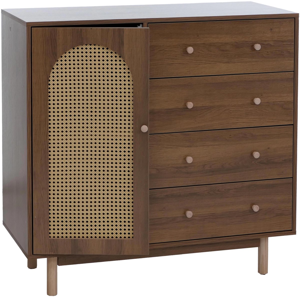 Commode MCW-P52, kast, dressoir, highboard, lades, opbergvakken, polyrotan, MDF, melamine, 95 x 100 x 40 cm ~ bruin
