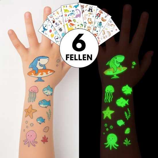 Boncy® Nep Tattoos Kinderen - Tijdelijke Plak Tattoo 6 vellen - 115 Tatoeages Jongens & Meisjes - Glow in the Dark - Kinder Plaktattoo Temporary Neptattoo - Dino en Dieren Plakplaatjes Zelfmaken - Plaktattoos Neptattoos Tatoeage