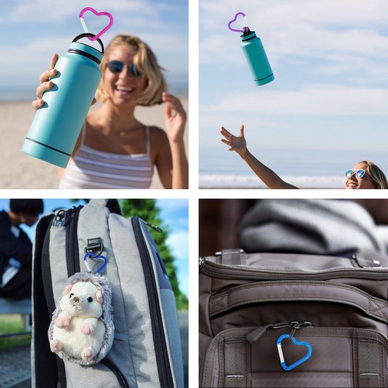 Vier afbeeldingen: vrouw met waterfles, waterfles in de lucht, rugzak met knuffel en rugzak met blauwe karabijnhaak.