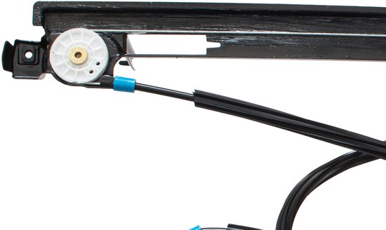 Zilverkleurige raammotor met zwarte kabels en blauwe accenten op witte achtergrond.
