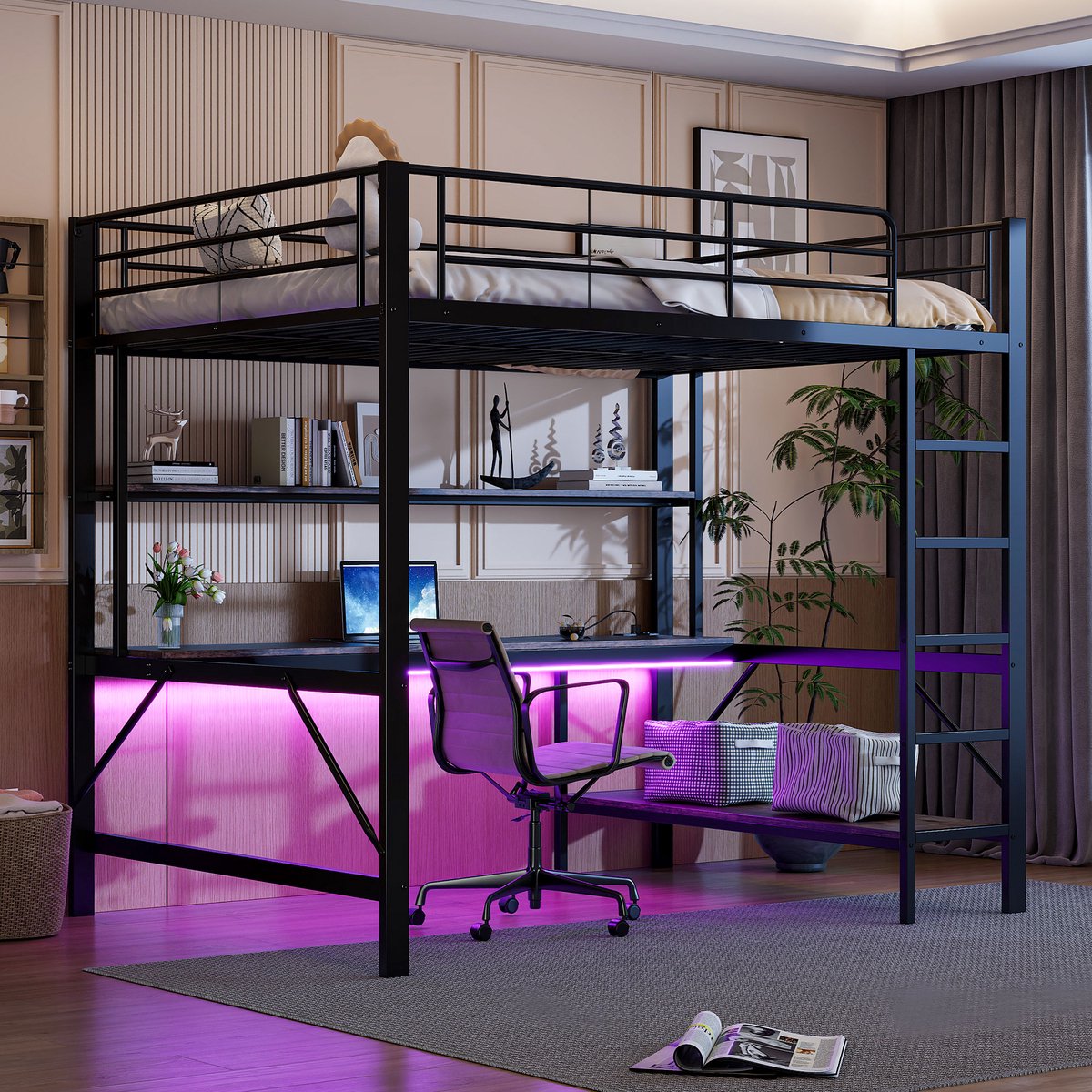 Hoogslaper, 140*200 cm, met Reling, Ladder, USB- en Stopcontact, LED-verlichting, Bureau, Meerlaags schap, Exclusief Matras, Metaal,Zwart