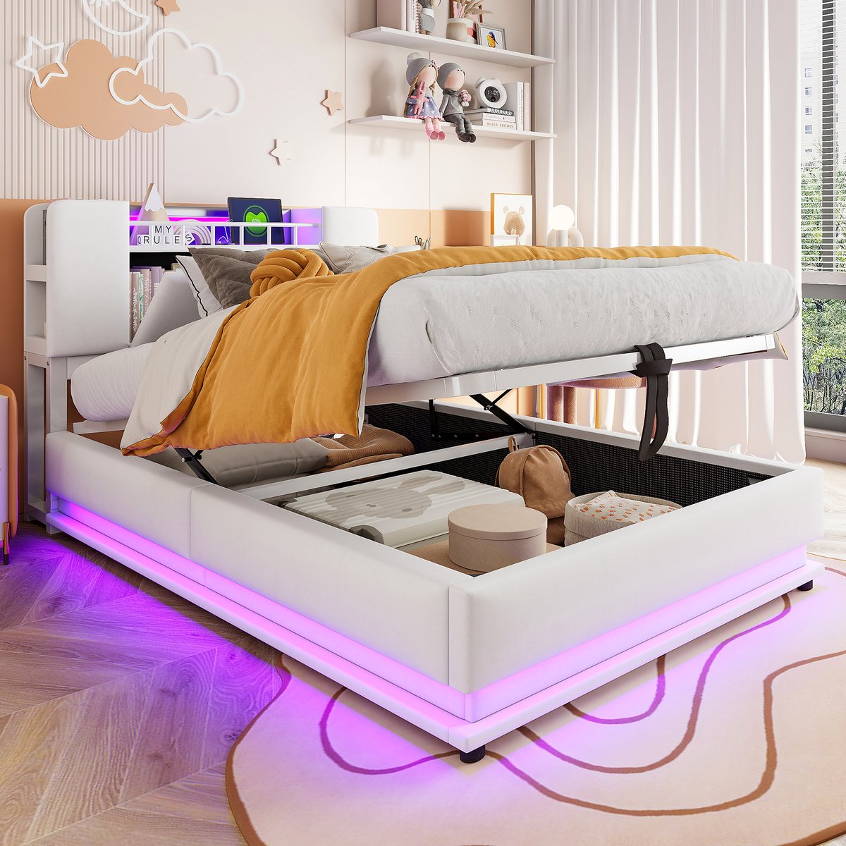 Wishdor Kinderbed – 90 x 200 cm – Ledverlichting en Usb-Aansluiting – Hydraulische Opbergruimte – Stof Beige – Opbergruimte in Hoofdbord – Metalen Lattenbodem – Veilig en Stijlvol voor Kinderkamer – Stabiel tot 150 kg