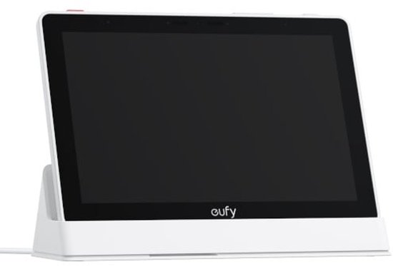 Wit Eufy E10 smart display op een witte standaard, zijaanzicht.