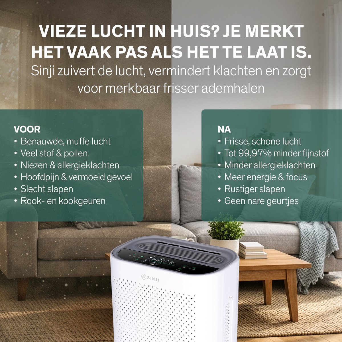 Sinji Luchtreiniger / Air Purifier – HEPA H13 + Koolstoffilter – 220 m³/u, voor ruimtes tot ca. 55 m² – Ionisatie – Afstandsbediening – Timer & Display – Helpt bij stof, pollen & huisstofmijt — afbeelding 2