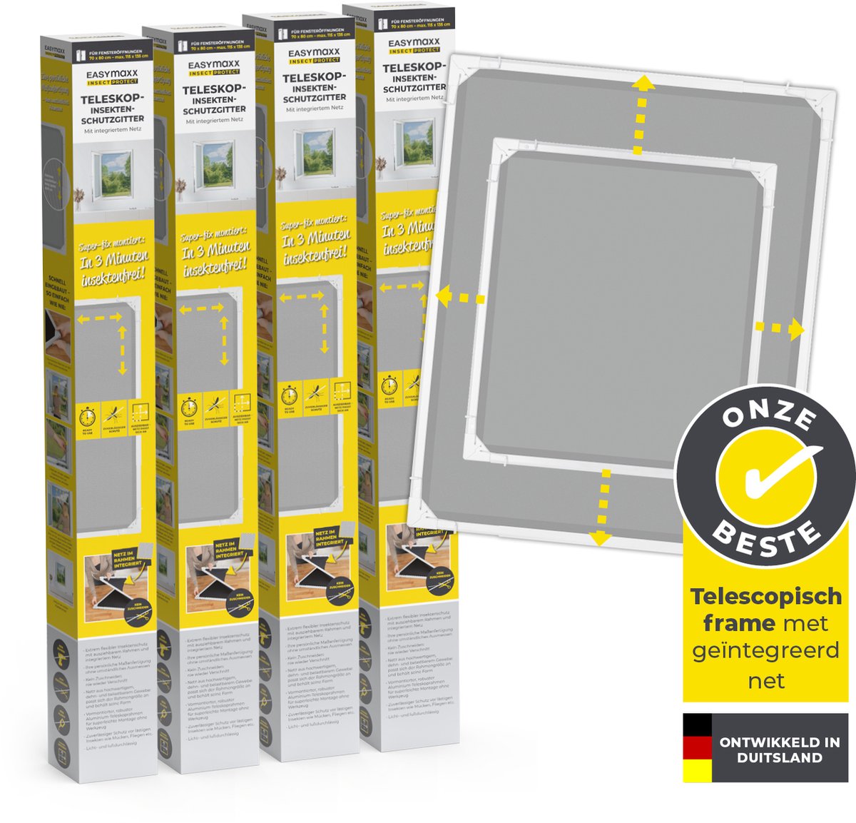 EASYmaxx Insect Protect Telescopische insectenhor voor ramen, met voorgemonteerd frame, uittrekbare insectenbescherming, geïntegreerd net, min. 73 x 83 cm tot max. 120 x 140 cm - wit, 4 stuks