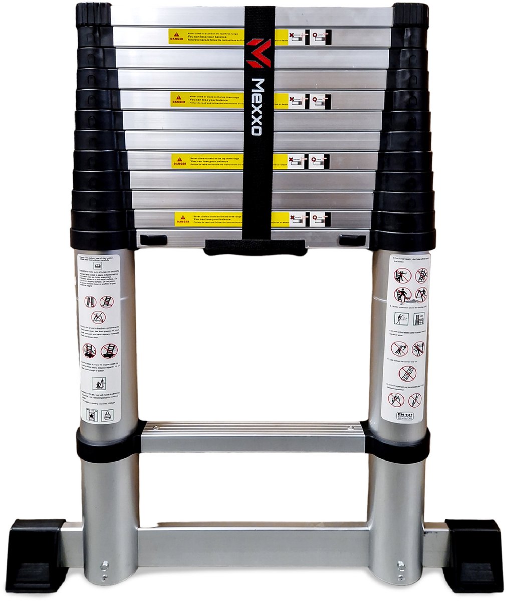 Telescopische ladder – Telescoopladder aluminium – Maximale hoogte 3,80 meter – Telescoopladder met stabilisatiebalk – Mexxo
