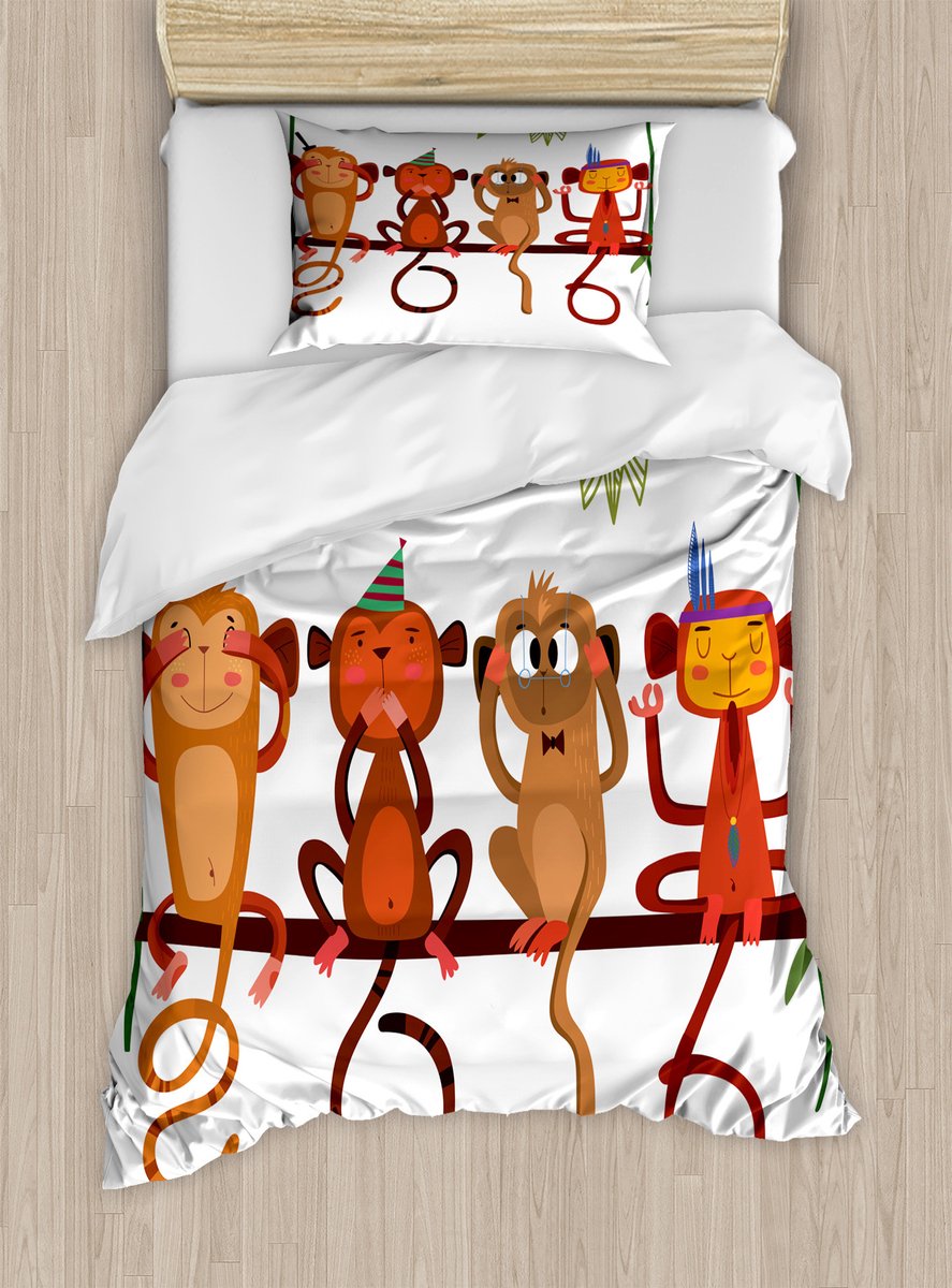 ABAKUHAUS Dekbedovertrekset met apenprint voor eenpersoonsbedden, dieren zittend op een tak, inclusief kussensloop, 130 x 200 cm