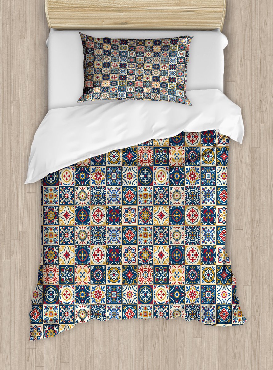 ABAKUHAUS dekbedovertrekset in Marokkaanse stijl voor eenpersoonsbedden, met Portugees tegelmotief, inclusief kussensloop, 130 x 200 cm