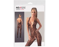 Mandy Mystery Lingerie –  Catsuit Open Kruis met Kanten Motief en Lage Decolleté voor Spanning – Maat L/XL – Zwart
