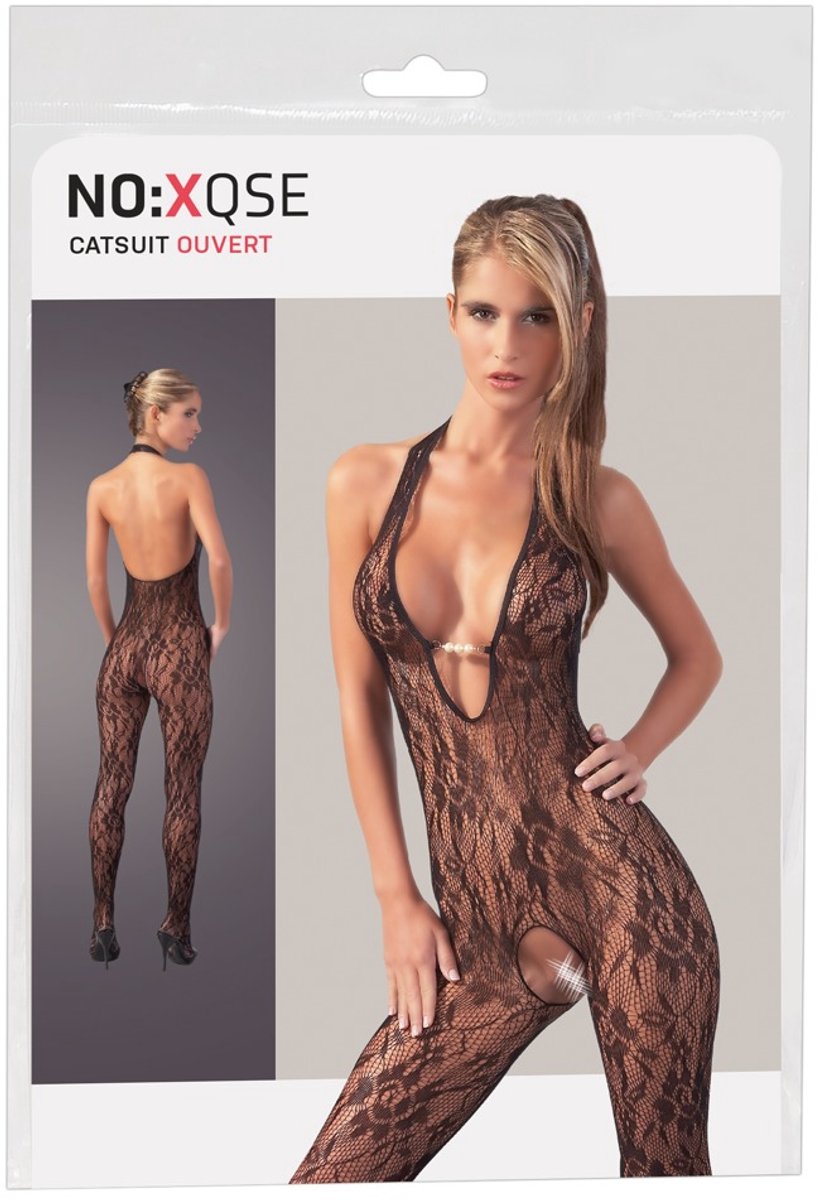 Mandy Mystery Lingerie – Catsuit Open Kruis met Kanten Motief en Lage Decolleté voor Spanning – Maat L/XL – Zwart