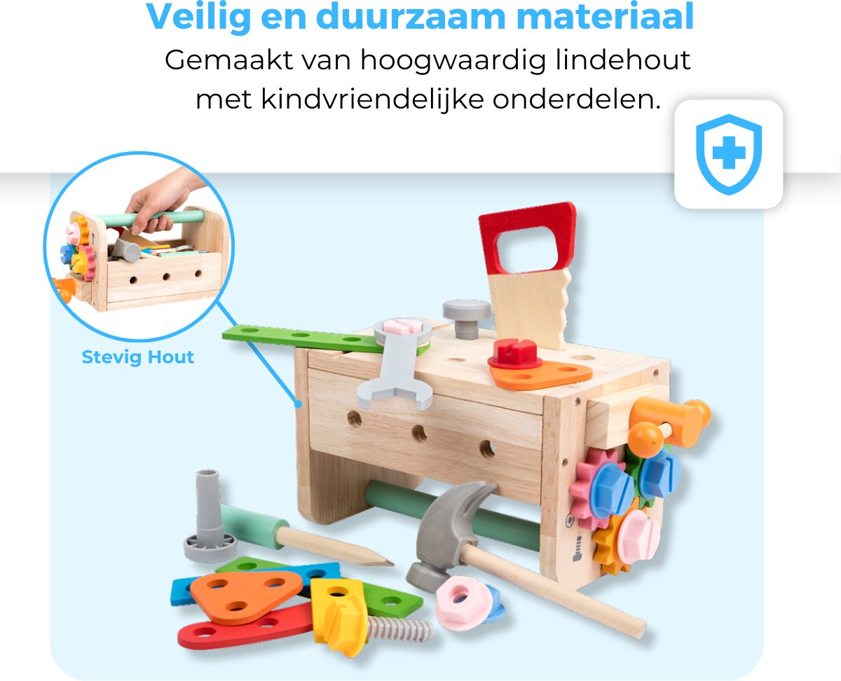 Mauzek® Speelgoed Gereedschapskist - Montessori speelgoed - 37-delig - Kinder gereedschap - Houten speelgoed - Werkbank speelgoed - Educatief speelgoed - Sensorisch speelgoed - Kleuter speelgoed - Jongens speelgoed - 3 jaar - 4 jaar - 5 jaar - 6 jaar — afbeelding 4