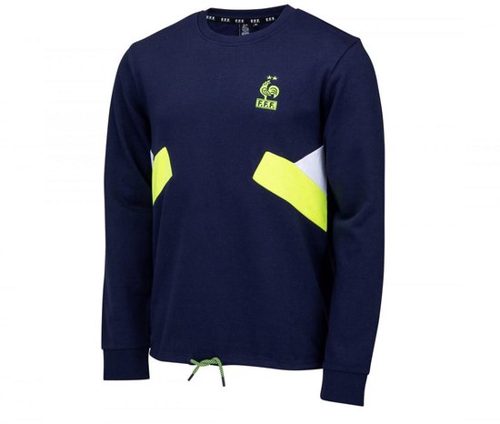 Marineblauwe sweater met F.F.F. logo, neongele en witte accenten op de romp en een trekkoord.