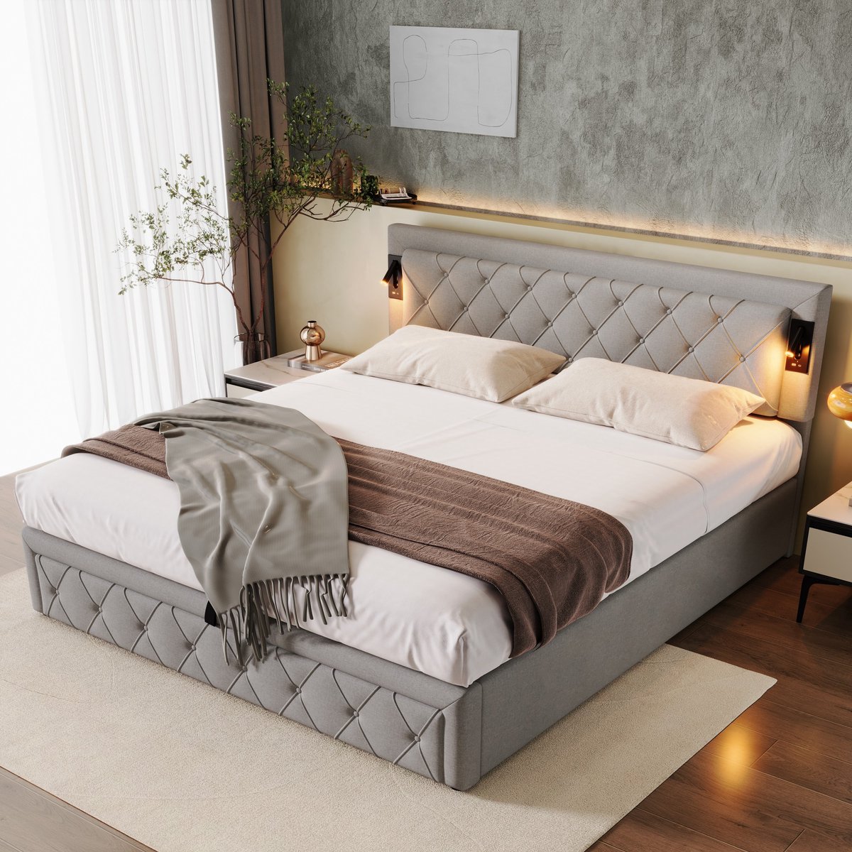 STILVORA Gestoffeerd Bed 180x200 Cm – Met Leeslampen En Usb Aansluitingen – Hydraulische Opbergruimte – Zonder Matras – Linnen – Grijs