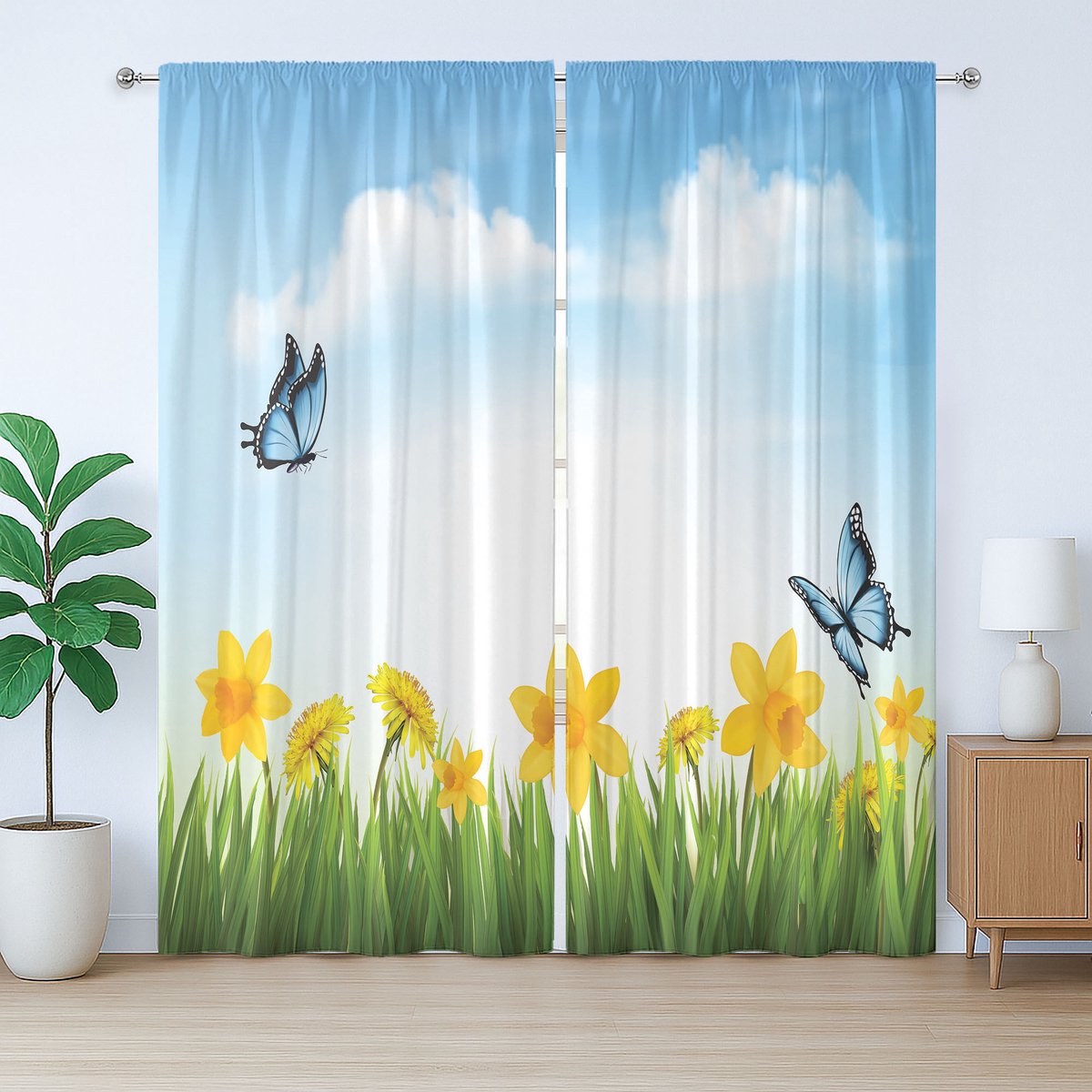ABAKUHAUS Rustiek lentegordijn, vlinders en wilde bloemen, geplooid slaapkamergordijn met lussen en haken, 280 x 245 cm, hemelsblauw, geel, groen