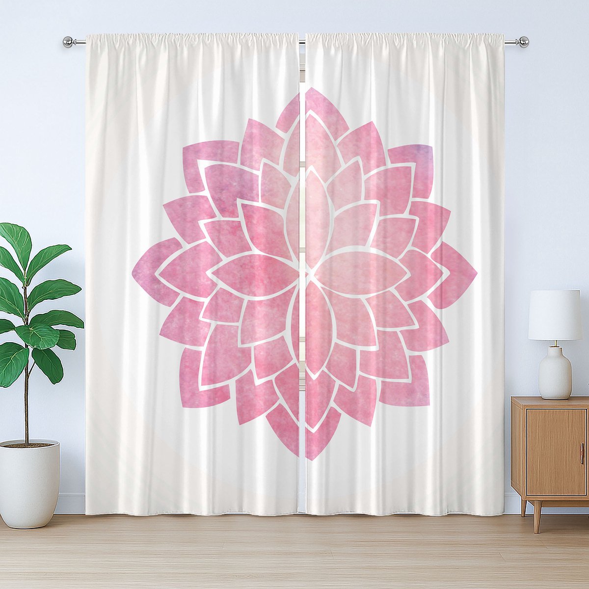 ABAKUHAUS Roze Mandala Rustiek Gordijn, Yoga Lotusbloem Kunst, met Bandjes voor de Woonkamer met Lussen en Haken, 280 x 260 cm, Babyroze