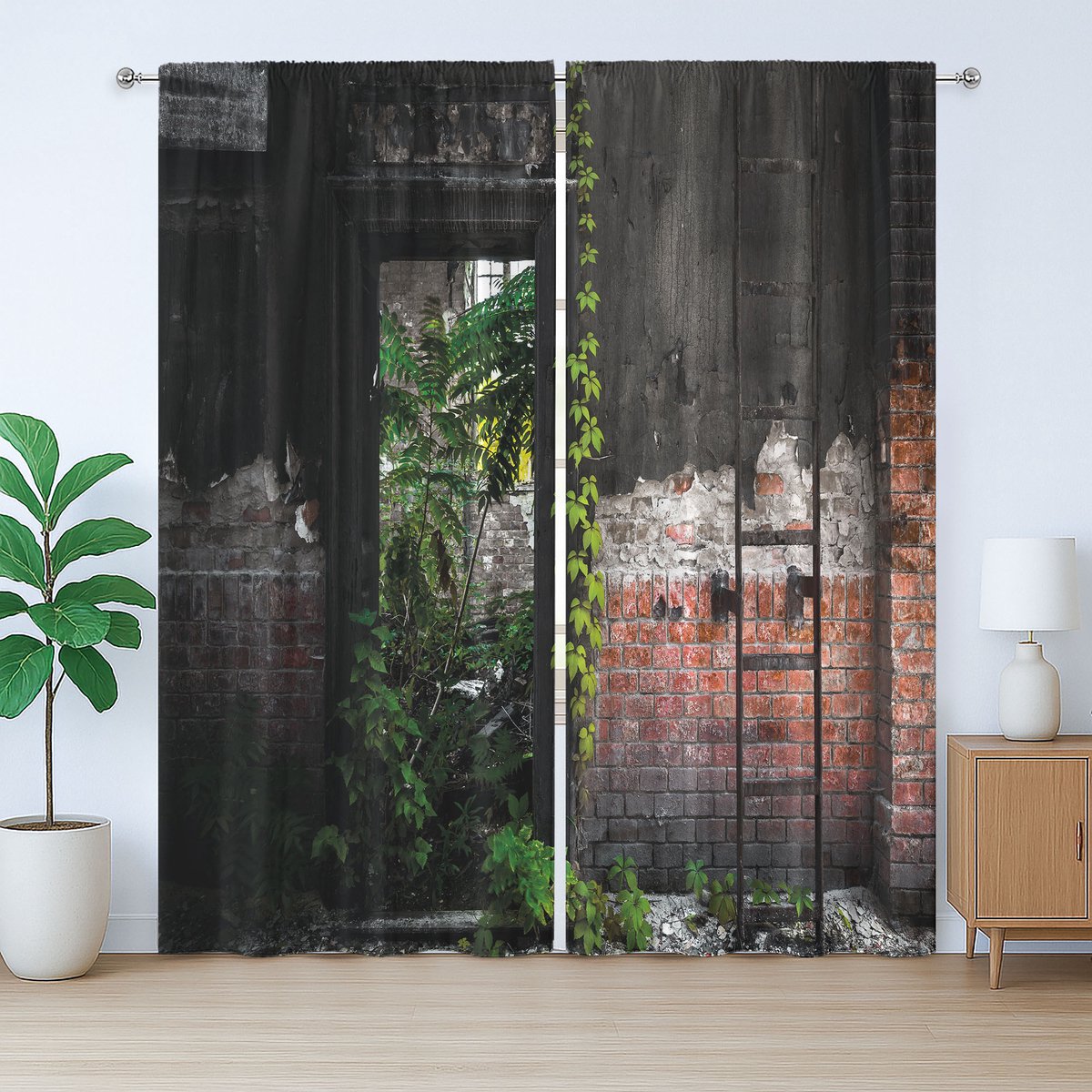 ABAKUHAUS Industriële rustieke gordijnen, bakstenen en planten, met lussen en haken voor de woonkamer, 280 x 260 cm, zalmgrijsgroen