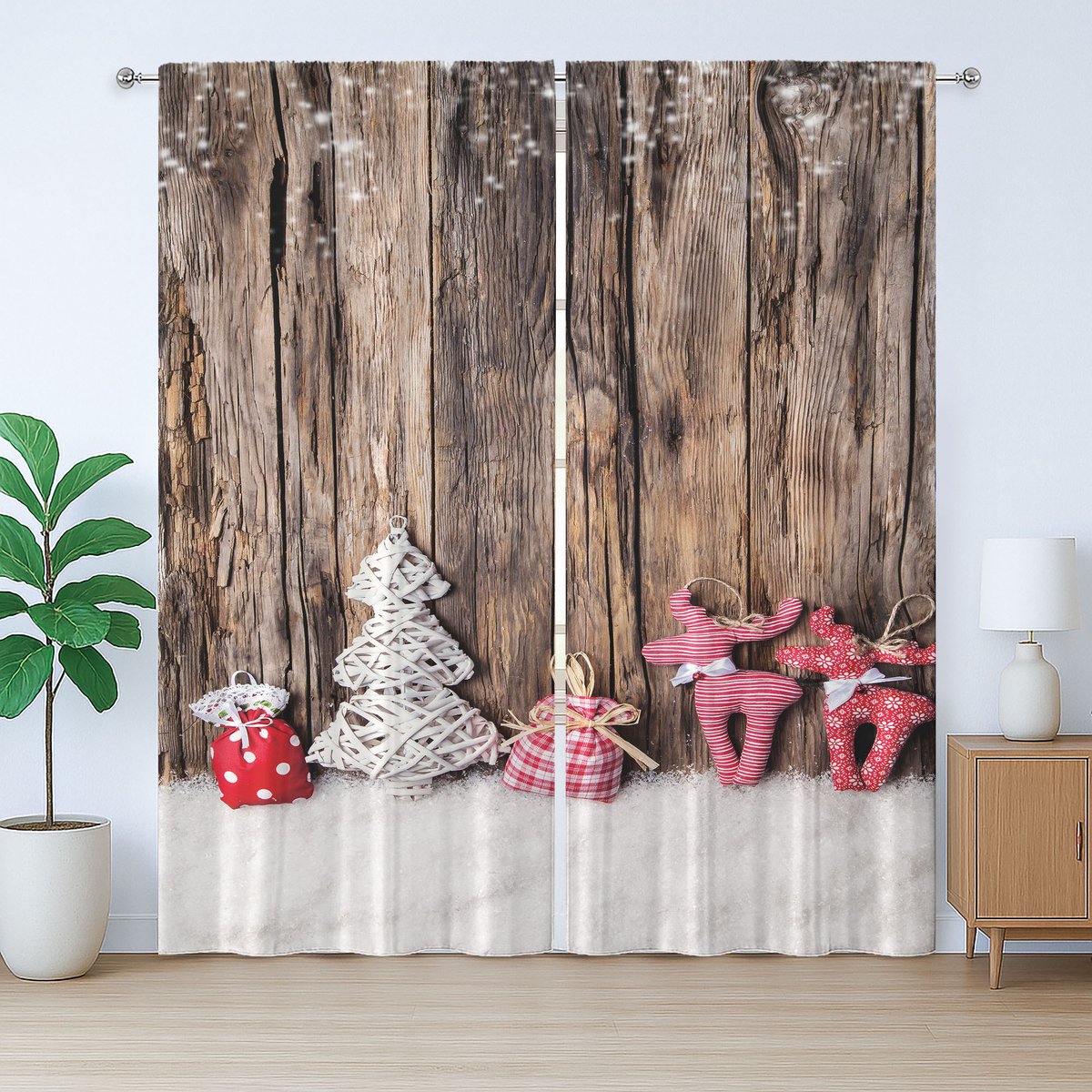 ABAKUHAUS Rustiek wintergordijn, traditioneel kerstgordijn, slaapkamergordijn met lussen en haken, 280 x 175 cm, bruin wit roze