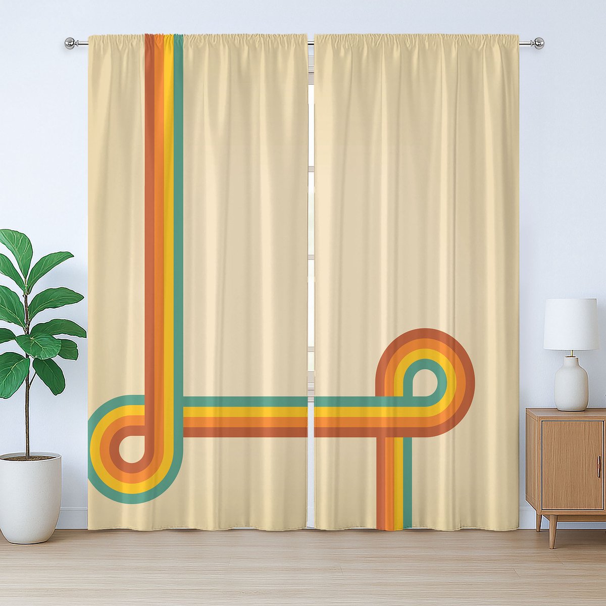 ABAKUHAUS 1970 Rustiek gordijn, geometrische stijl met wervelende lijnen, met lussen en haken voor de woonkamer, 280 x 175 cm, meerkleurig