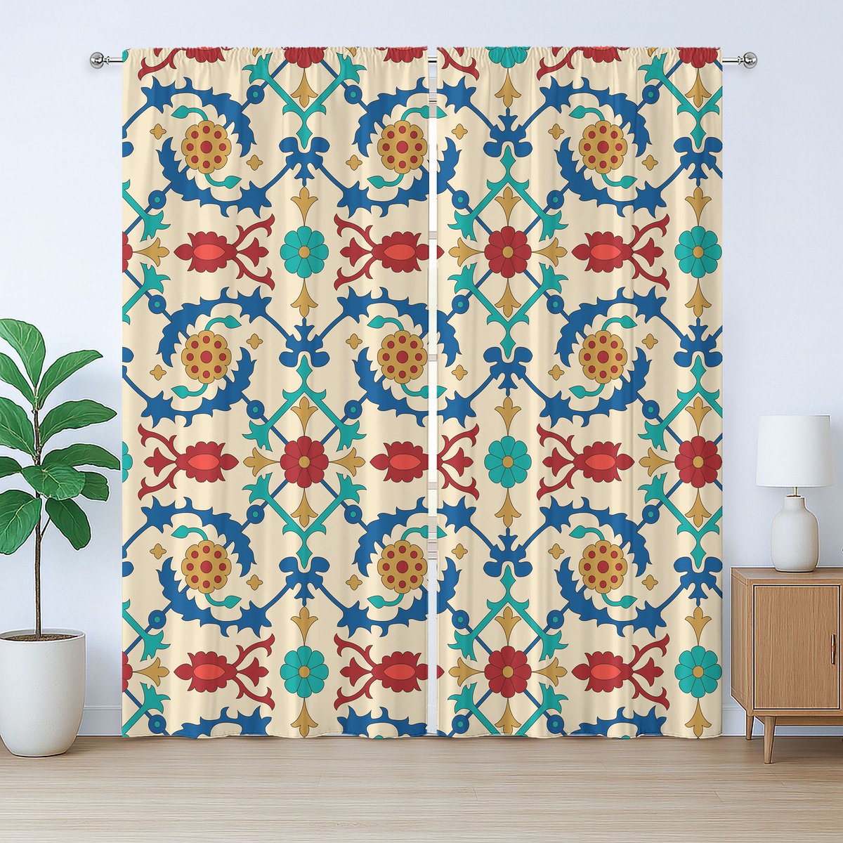 ABAKUHAUS Kleurrijk rustiek gordijn, barok bloemenpatroon, slaapkamergordijn met plooien, lussen en haken, 280 x 245 cm, meerkleurig