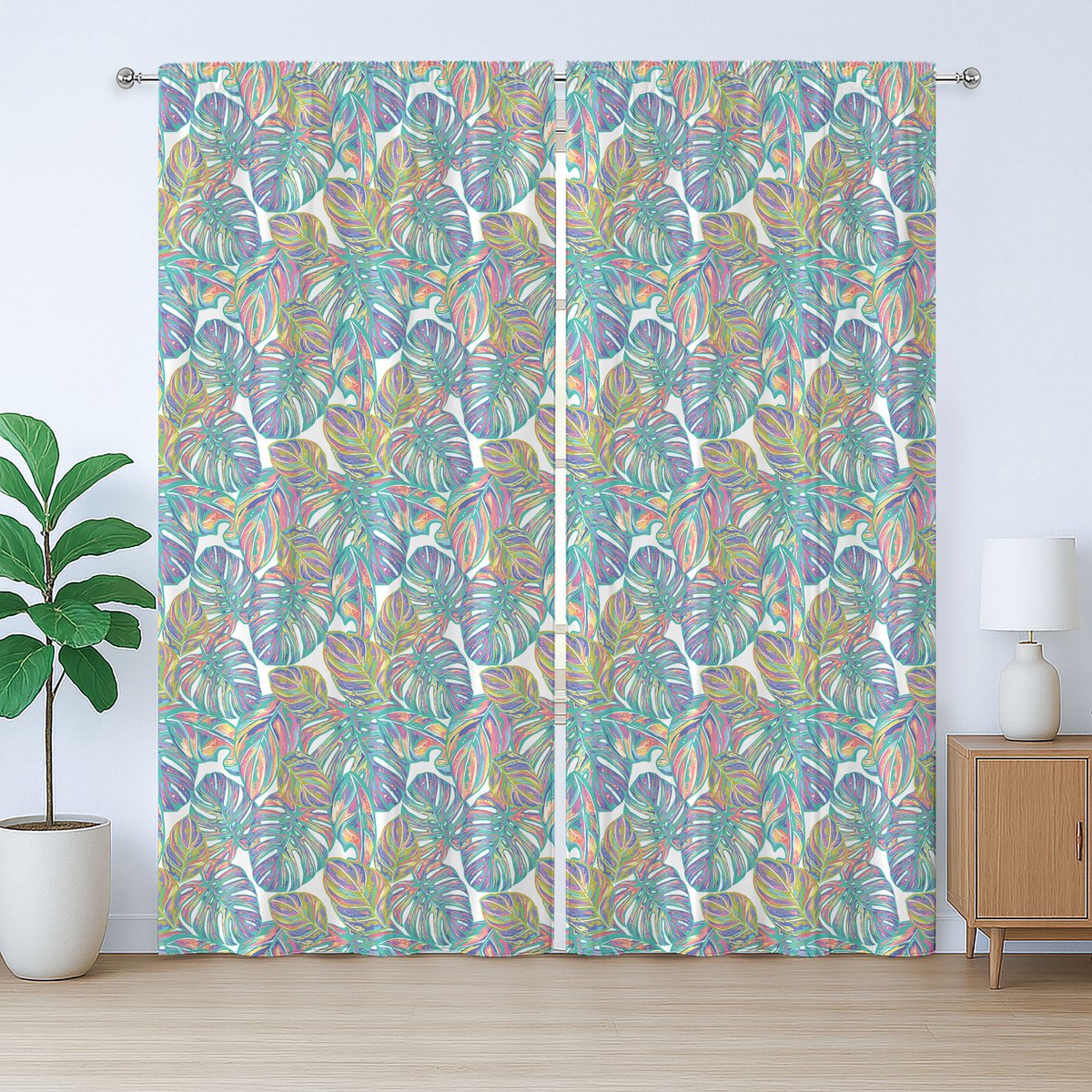 ABAKUHAUS Crazy Rustic Gordijn, Exotisch Monstera-bladpatroon, Gordijn met plooien en haken voor de slaapkamer, 280 x 225 cm, Multicolor