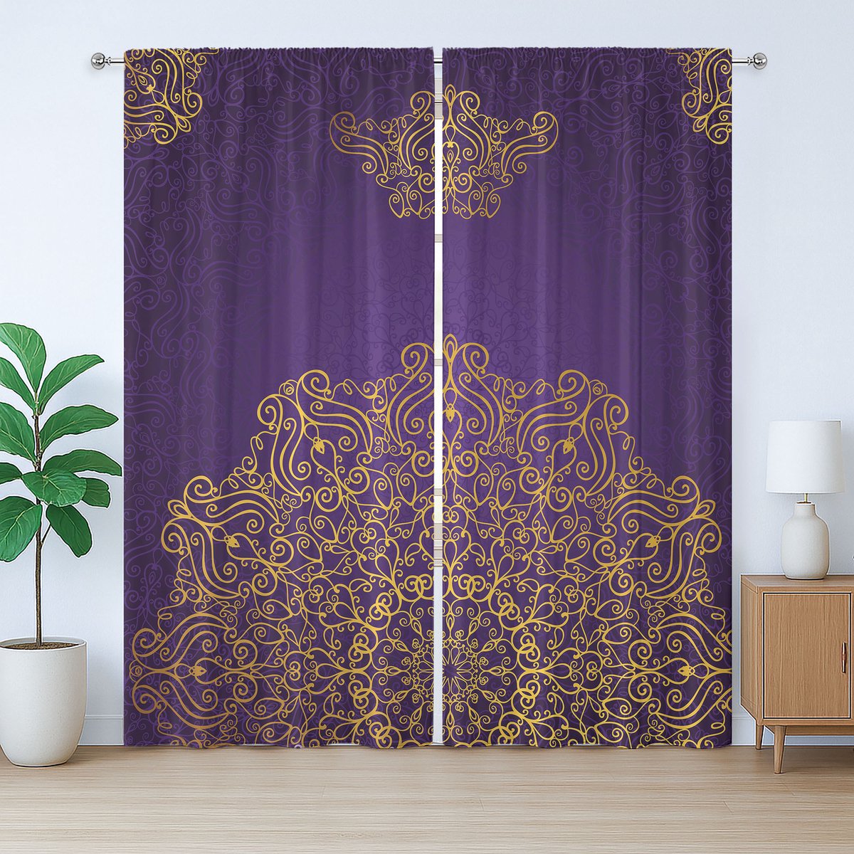 ABAKUHAUS Mandala Rustiek Gordijn, Uitgebreid Wervelmotief, met Bandjes en Haken voor de Woonkamer, 280 x 175 cm, Paarsgeel