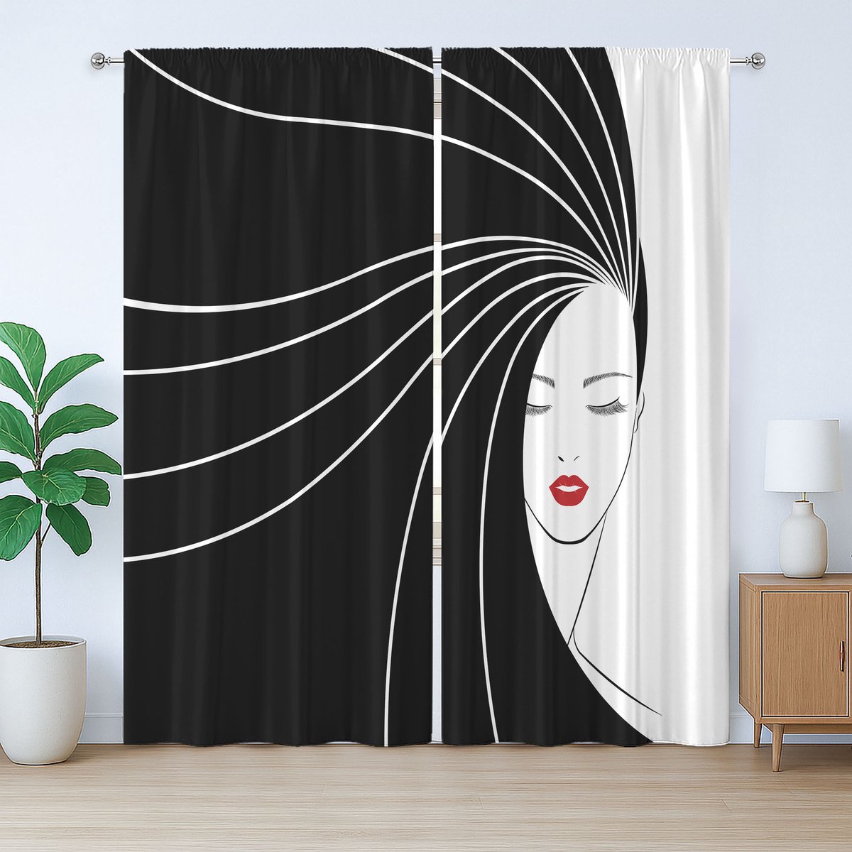 ABAKUHAUS Kappersgordijn Rustiek, Extra Lang Recht Haar, Slaapkamergordijn met Plooiing, Lussen en Haken, 280 x 225 cm, Robijnrood Zwart Wit