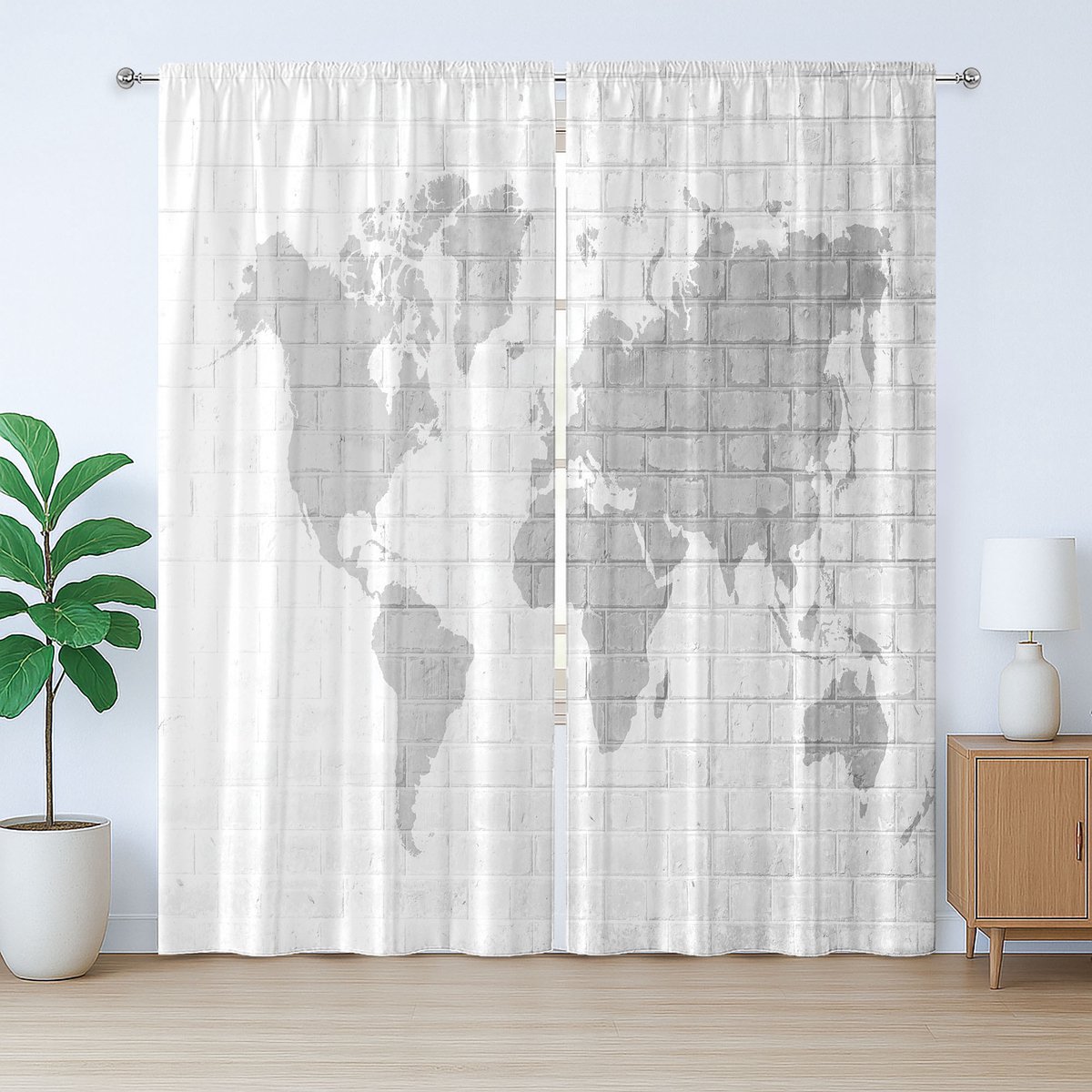 ABAKUHAUS Bakstenen Muur Rustiek Gordijn, Verouderde Muur en Wereldkaart Design, met Bandjes, Lusjes en Haken , 280 x 245 cm, Lichtgrijs en Wit