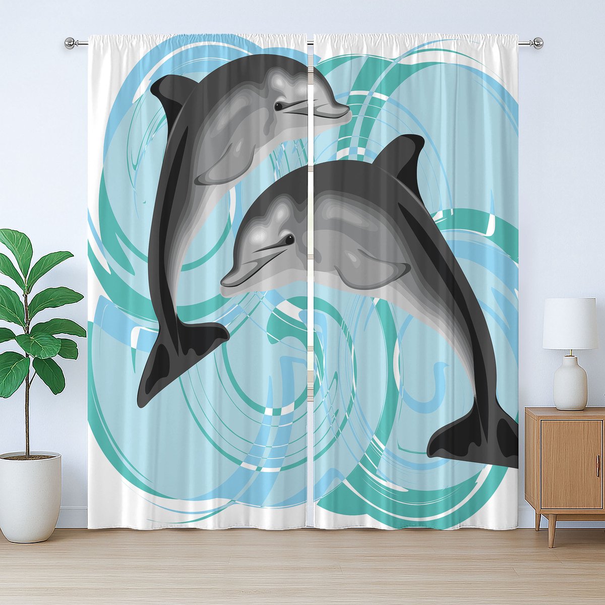 ABAKUHAUS Dolfijn Rustiek Gordijn, Maritiem Thema, Geplooid Gordijn met Lussen en Haken voor de Slaapkamer, 280 x 245 cm, Zwart, Grijs, Lichtblauw