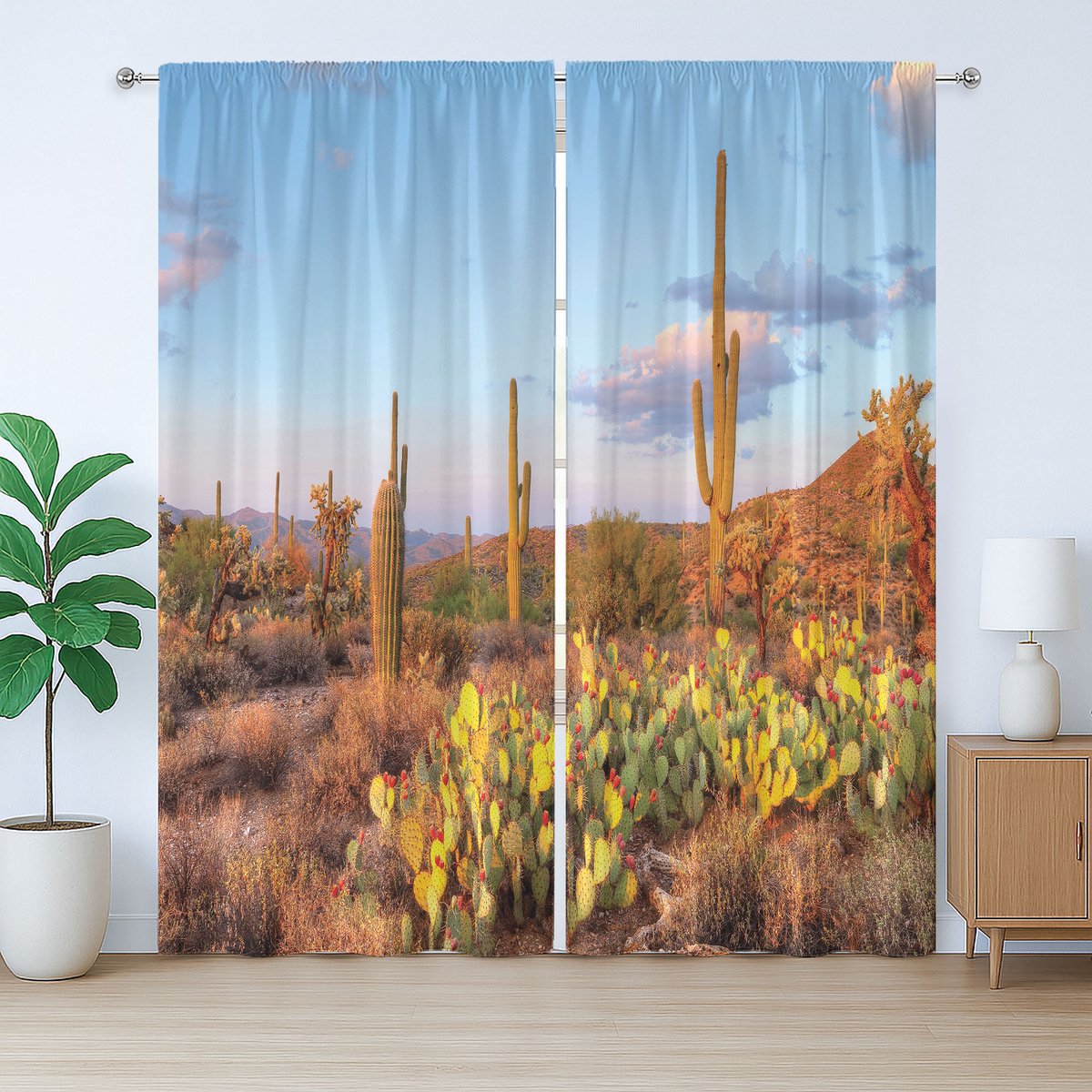 ABAKUHAUS Arizona Rustiek Gordijn, Cactussen in de Sonorawoestijn, met Bandjes, Lussen en Haken , 280 x 245 cm, Hemelsblauw Oranje Groen