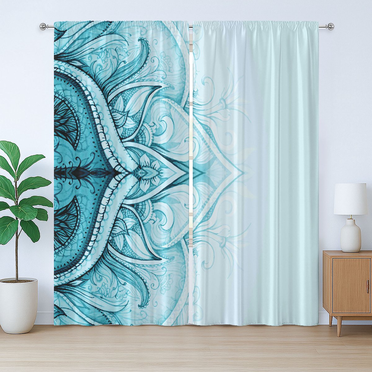 ABAKUHAUS Mandala Rustiek Gordijn, Decoratief Kant, Geplooid Gordijn voor de Slaapkamer met Lussen en Haken, 280 x 175 cm, Aqua