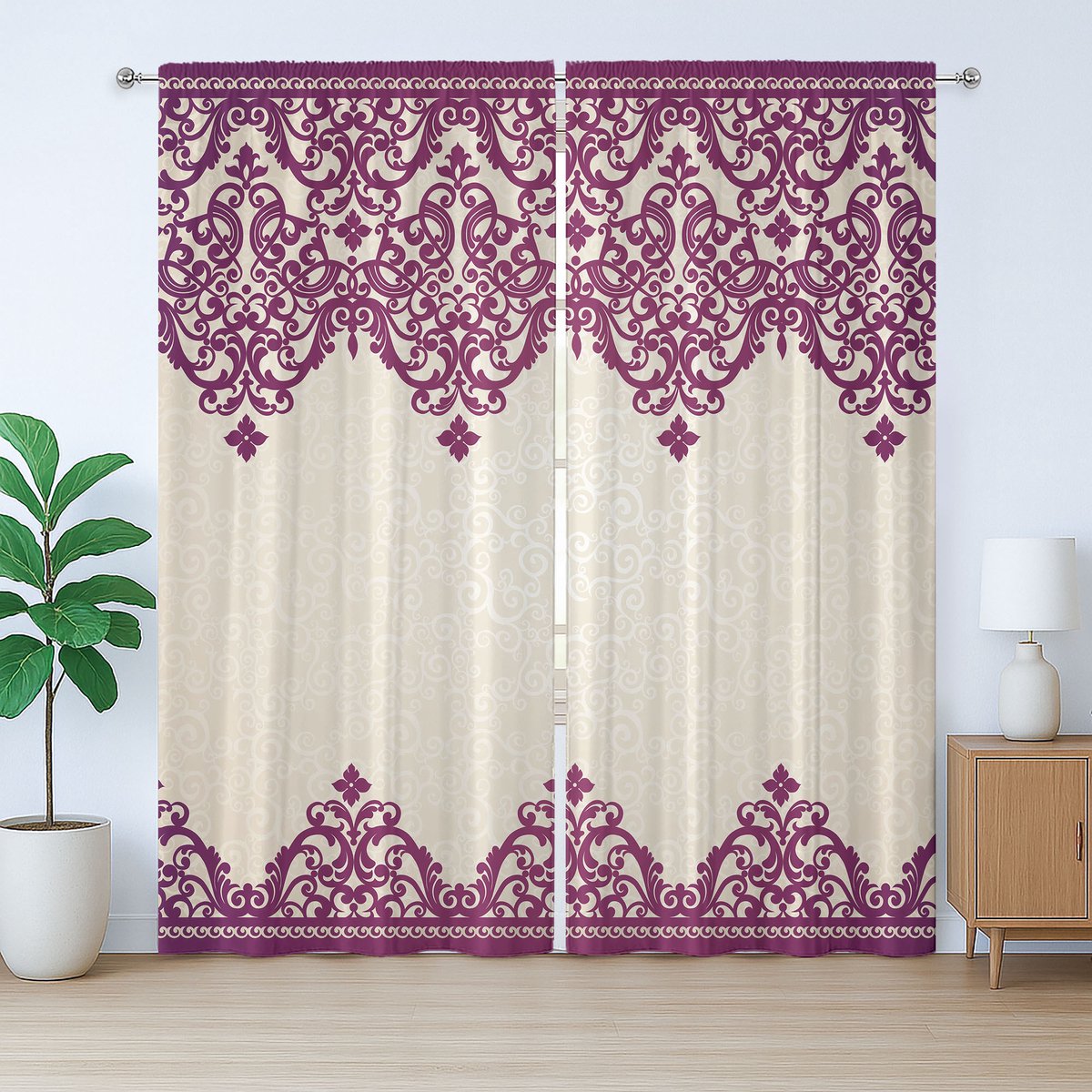 ABAKUHAUS Turks patroon rustiek gordijn, rococo spiraal, met lussen en haken voor de woonkamer, 280 x 225 cm, fuchsia beige