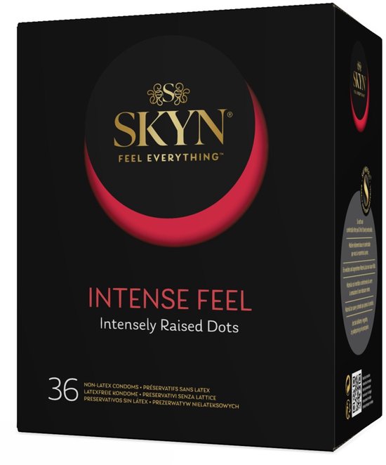 Doos met 36 SKYN Intense Feel latexvrije condooms met intens verhoogde stippen. Zwart met rode halve maan en gouden logo.