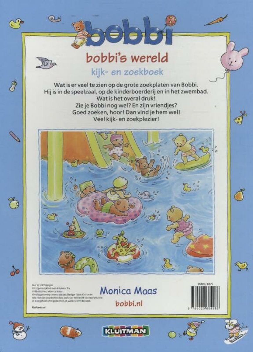 Boek met Bobbi en vriendjes in het water. Kleurrijke illustraties van dieren die spelen en zwemmen.
