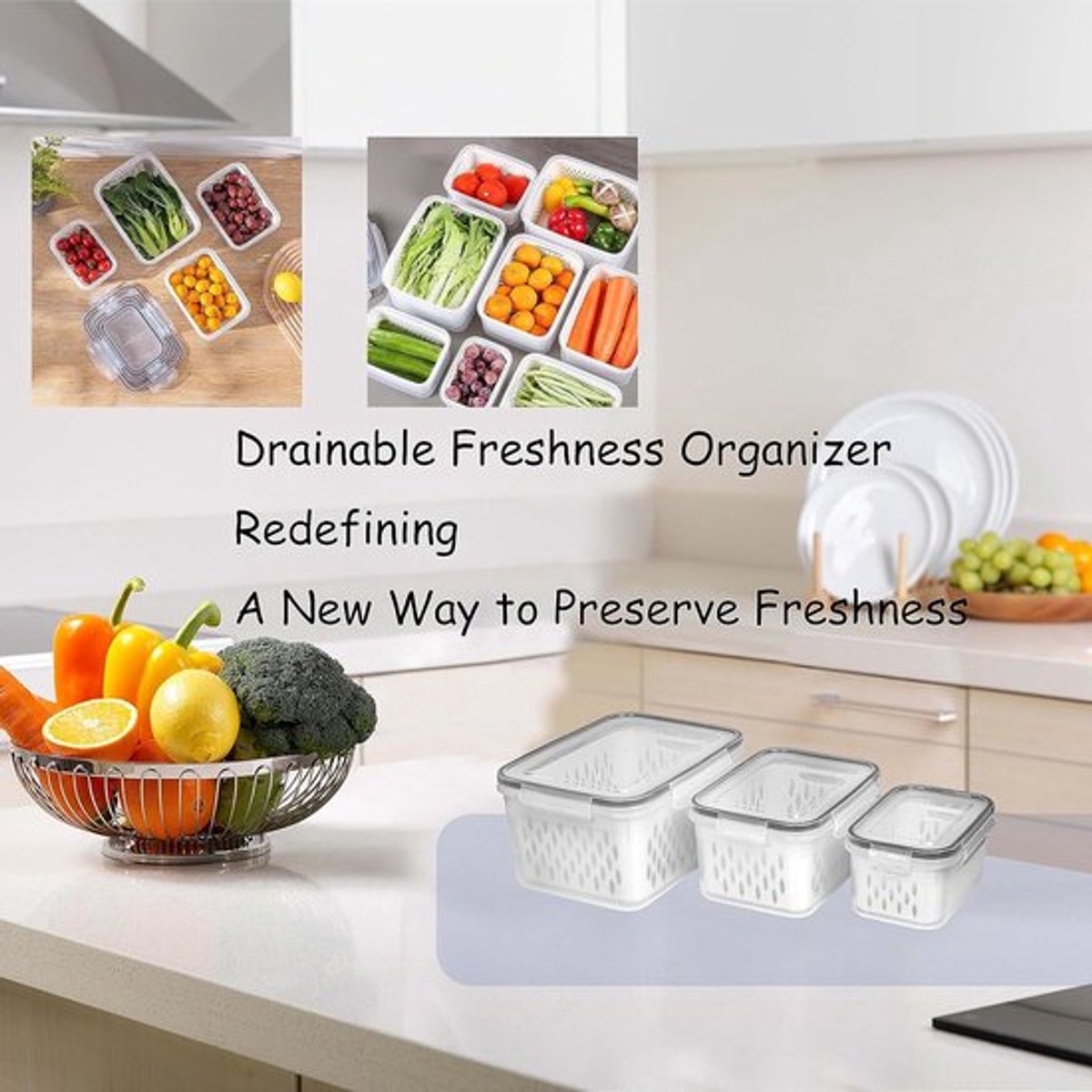 Candala fruit en groenten opbergdoos, 6 stuks/3 set vershouddozen met deksel, vershoudboxen koelkast organizer voorraaddozen met deksel 0,85L+1,75L+3,3L (grijs)
