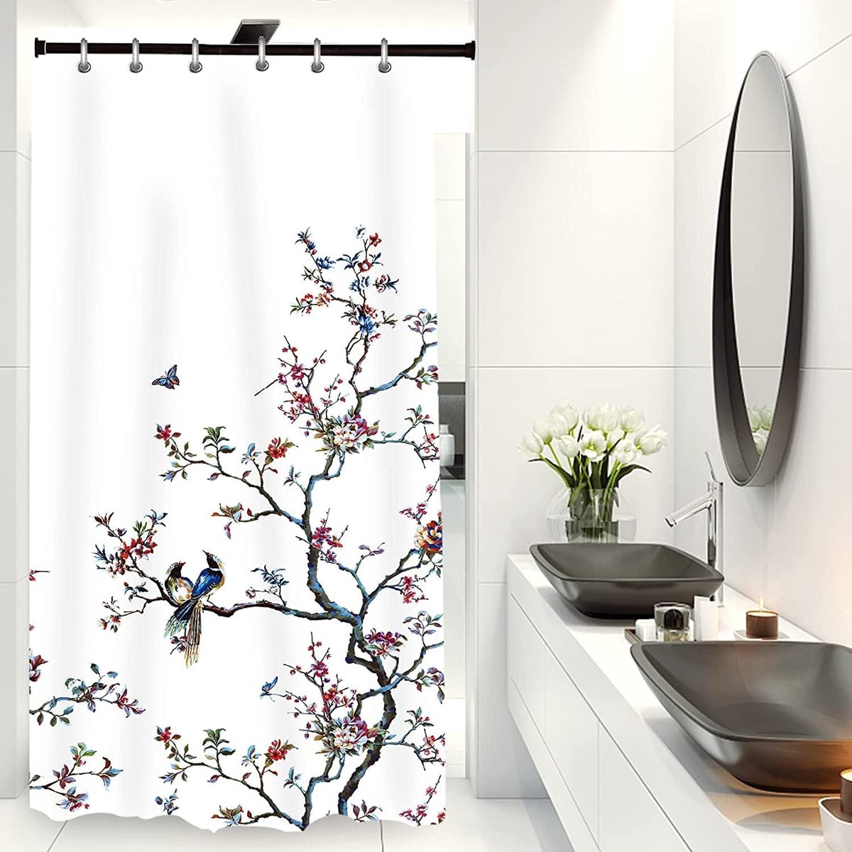 Witte Vogel Bloemen Douchegordijn 90x180 cm - Schimmelbestendig en Sneldrogend