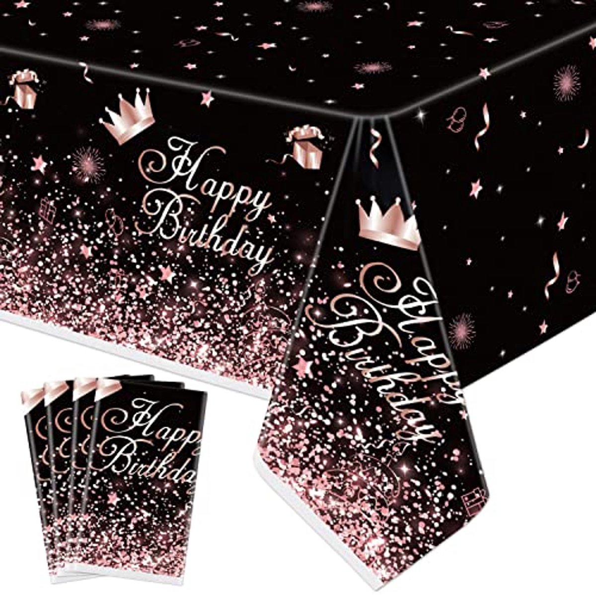 Ultiluxe® Tafellaken Wegwerp - Happy Birthday - Dun Tafelkleed - Tafeldecoratie - 130 x 220 cm - Glitter en Glam Thema - Waterafstotend - Kunststof - Voor feestjes en verjaardagen - Zwart/roze